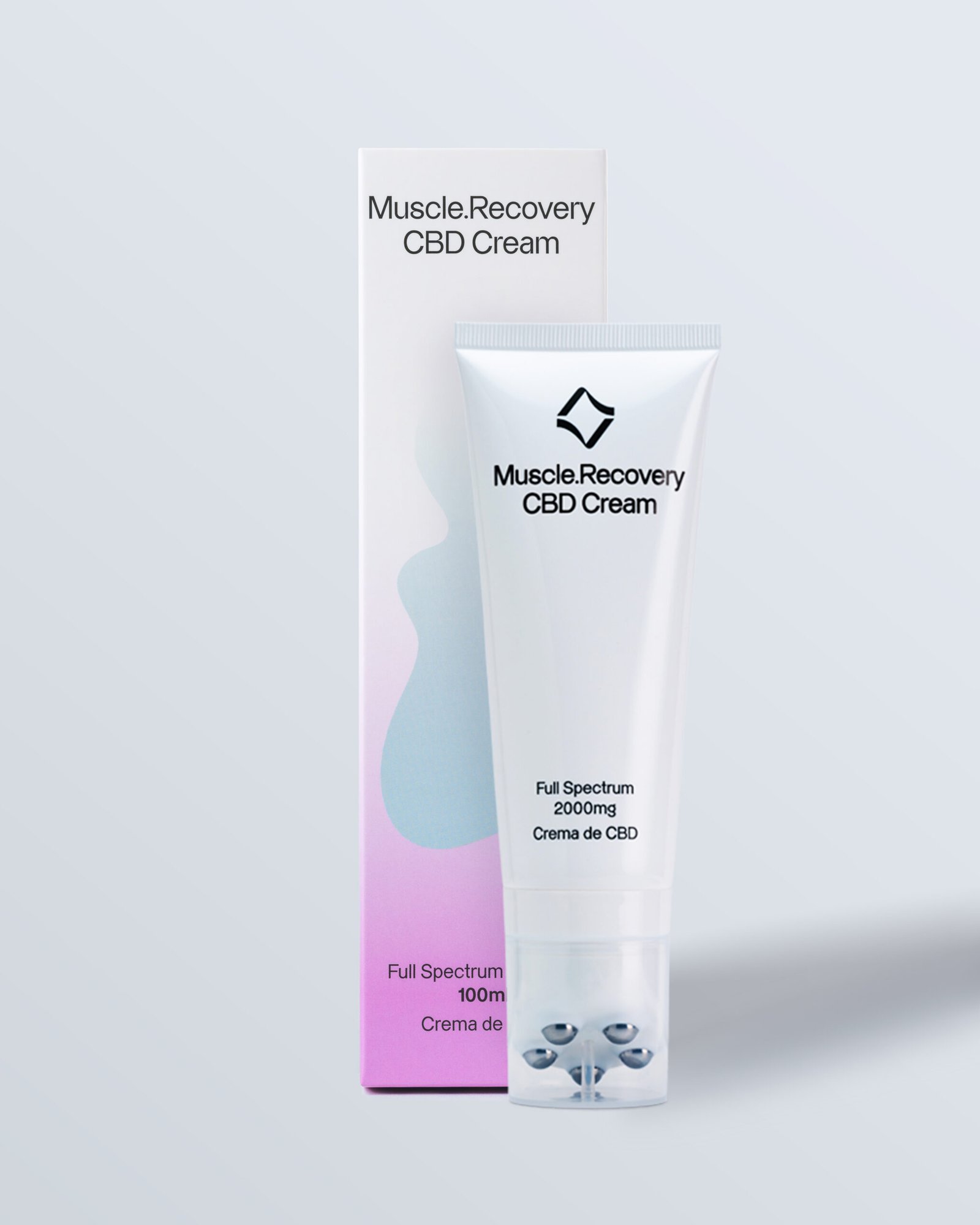 Tubo de crema recuperador muscular Muscle.Recovery Cream colocado frente a su caja.