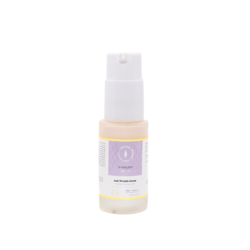 Envase de Anti-Wrinkle Serum con etiqueta lila y tapa blanca, completamente visible sobre un fondo blanco.