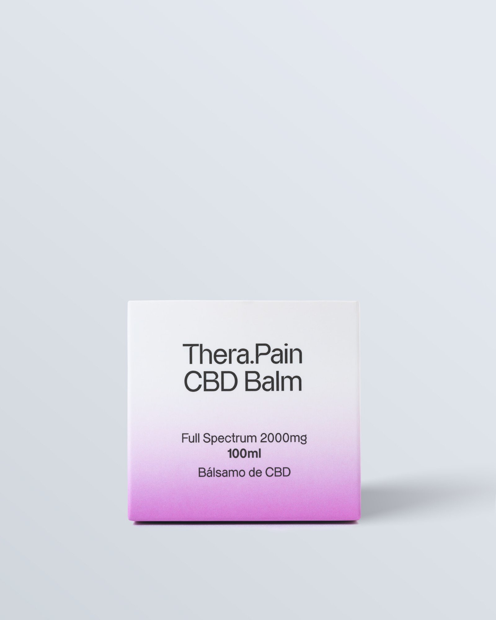 Caja de crema de cannabi para el dolor Thera.Pain Balm vista desde el frente. Incluye texto en negro con el nombre del producto