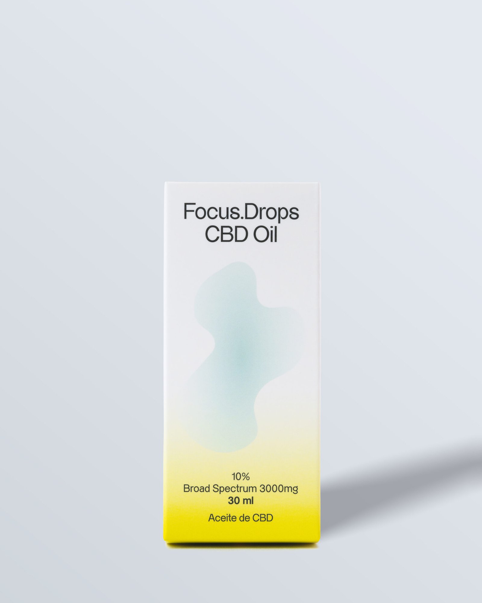 Caja del 'Focus Drops Oil' con diseño en tonos amarillos y verdes, que indica 3000 mg de espectro amplio.