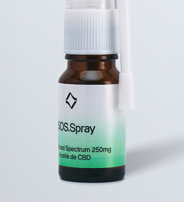 Primer plano de un frasco marrón con un pulverizador blanco y etiqueta verde y blanca, que muestra 'SOS Spray' con 250 mg de espectro amplio de CBD.