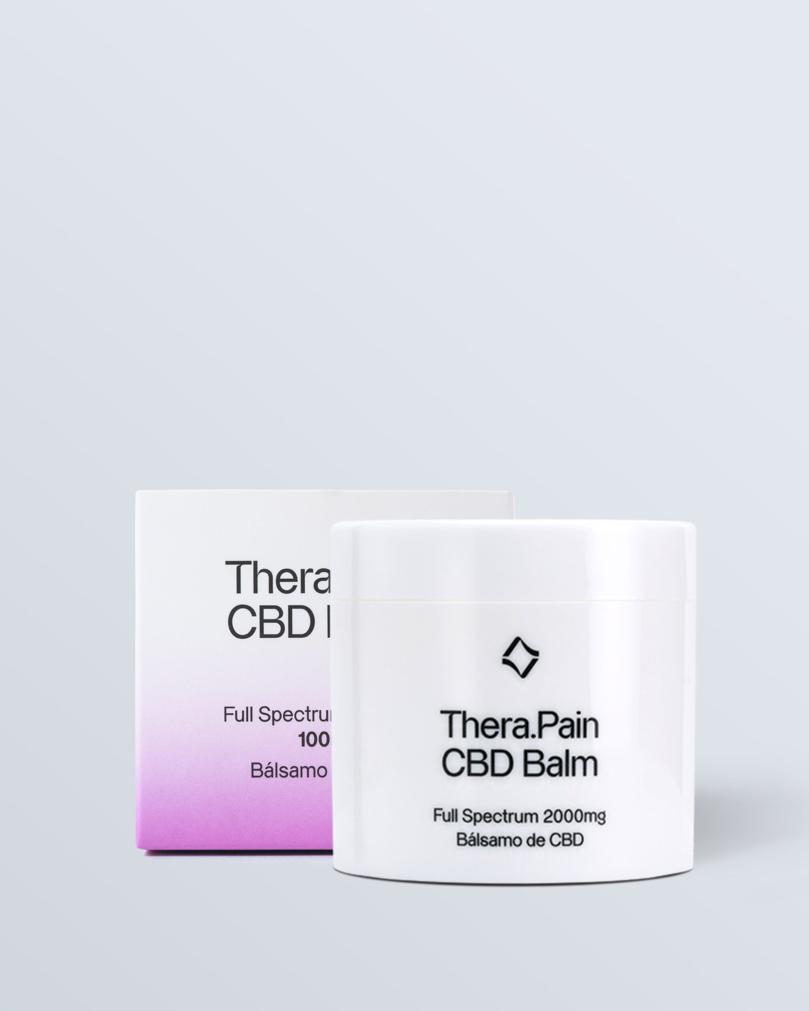 Un envase de la crema para el dolor Thera.Pain Balm en color blanco, colocado junto a su caja.